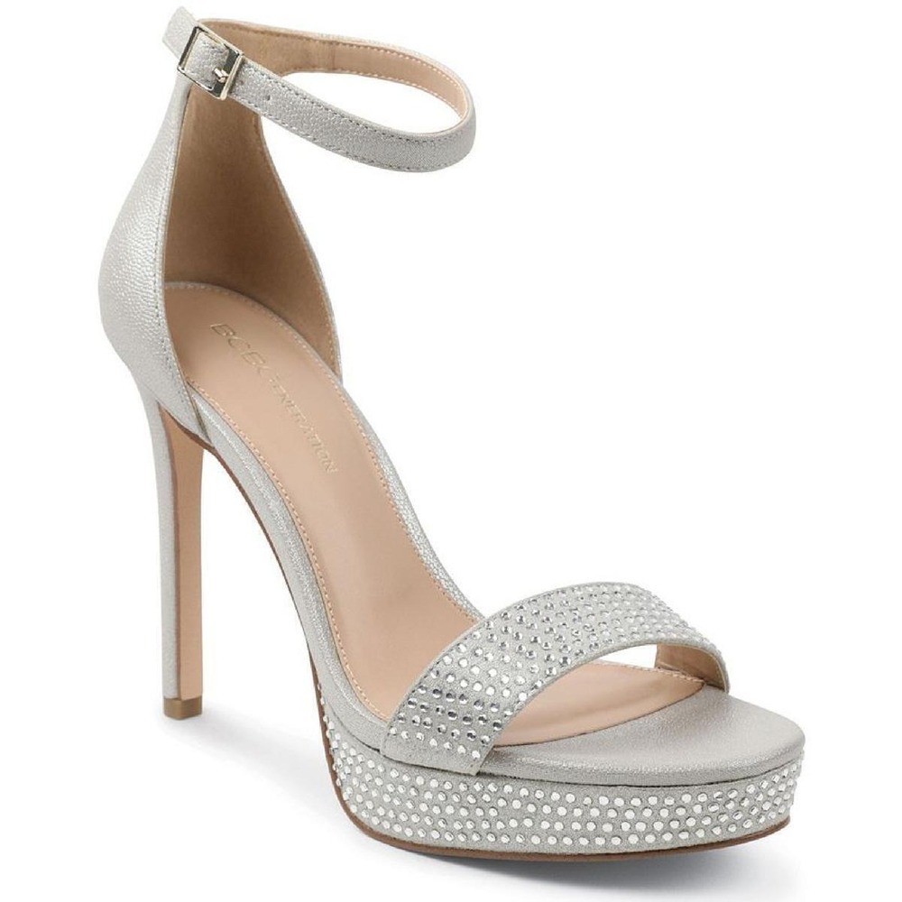 BCBGeneration Nallah Silver Rhinestone Platform Heels Ankle Strap Womens 9 Shoes